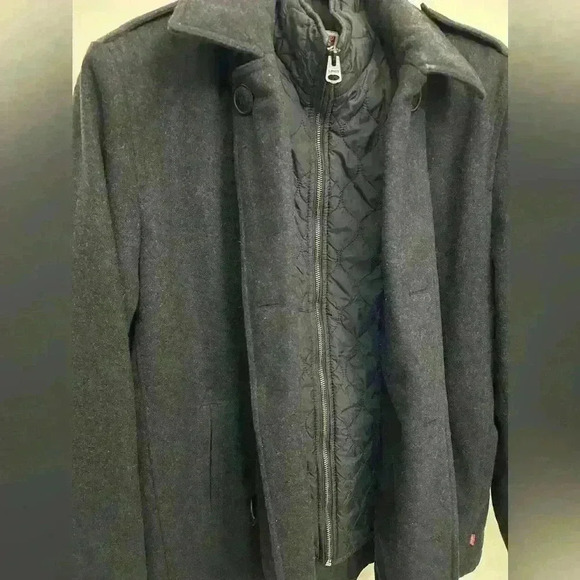 Levis Pea Coat Men's Black Wool Double Breasted Insulated Quilted Size XL - Picture 4 of 10